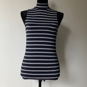 Navy Blue + White Striped Sleeveless Mock Turtleneck - H&M
